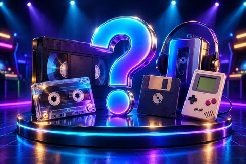 Neonvraagteken met cassettebandjes, videoband, diskettes en een retrospelcomputer