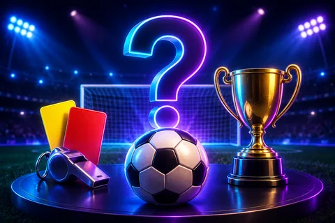 Voetbalquiz met een neonvraagteken, voetbal, gouden beker en verlicht stadion