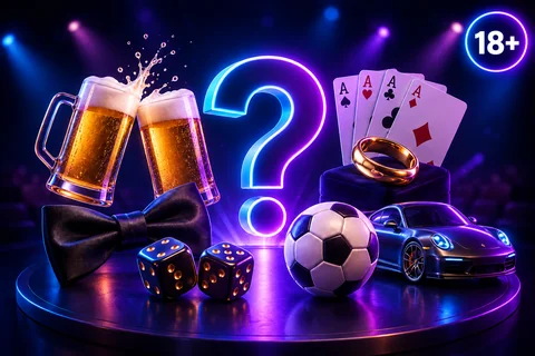 Vrijgezellenquiz 18+ met een neonvraagteken, bierglazen, trouwring, voetbal en sportauto